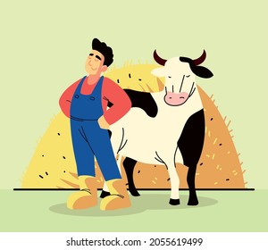 farmer and cow with hay