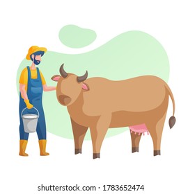 Farmer with Cow Hold a Milk Can in flat design. Men Gardener. Vector illustration.