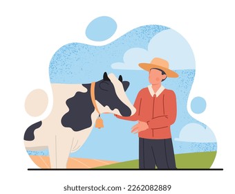 Granjero con vaca. Hombre con sombrero de paja y mascota en la granja. Agricultura y aldea. Un chico joven vino por leche, productos naturales y orgánicos. Campo y campo. Dibujo vectorial plano de dibujos animados