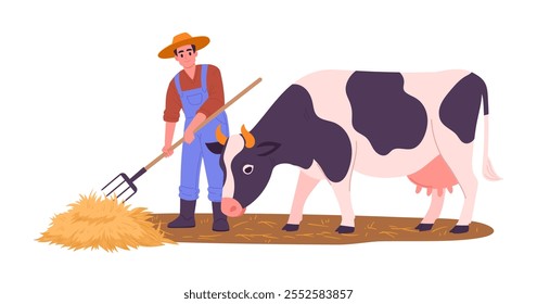 Farmer with cow. Man take care of domestic animal, agriculture worker with hay pitchfork feeding cow flat vector illustration. Rural farming job scene