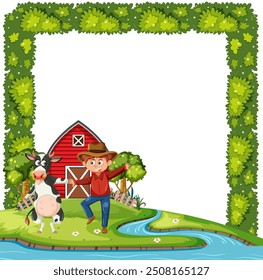 A farmer and cow near a barn