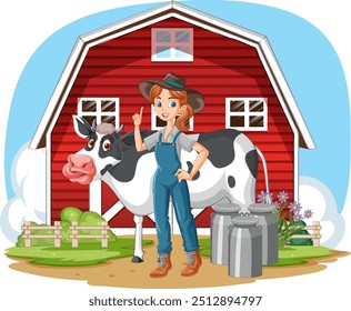 Farmer with cow near red barn and milk cans