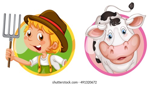 Farmer and cow on round badges illustration