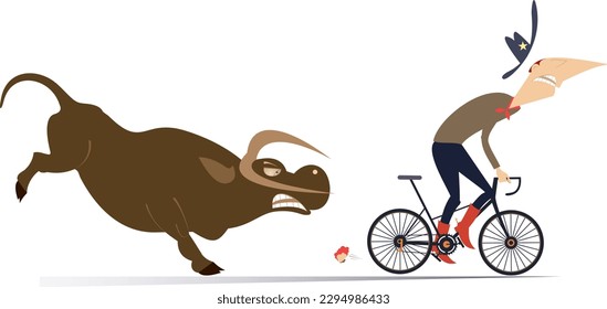 Farmer or cowboy and angry bull.
Frightened farmer or cowboy escaping from the angry bull on the bike

