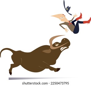 Farmer or cowboy and angry bull illustration.
Rodeo. Bull raised farmer or cowboy by horns. Isolated on white background
