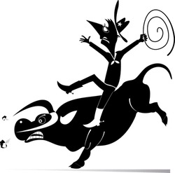 Farmer Or Cowboy Riding A Bull.
Farm. Rodeo. Farmer Or Cowboy With Lasso Rides A Bull. Black And White Illustration
