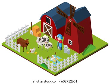 Farmer and cows on the farm in 3D design illustration