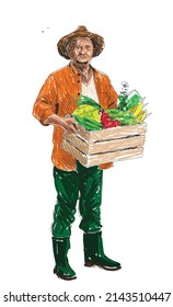 farmer with a crate full of vegetables box Vector free hand illustration .