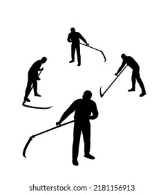 Farmer crew using scythe to cut grass vector silhouette illustration isolated on white background. Rural gardener landscaper. Country man with scythe land work outdoor. Villager mowing wheat, clover.