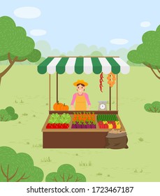 Farmer with crop sells his products at kiosk in park. Autumn harvest festival time. Vegetables in boxes like tomato and pepper vector illustration