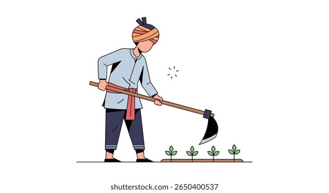 Agricultor cultivando plantas jovens com enxada tradicional em um dia ensolarado
