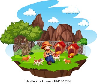 Farmer with cute dogs in farm on white background illustration