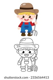 Caricatura de ilustraciones vectoriales lindas de granjeros aislados en fondo blanco. Vectores de granjeros coloreados e incoloros. Cuta página de coloreo para los niños. 