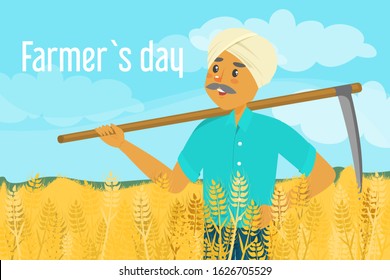 Farmer day vector illustration. Happy asian farmer standing on the wheat field and holding scythe. Traditional job, agriculture industry.