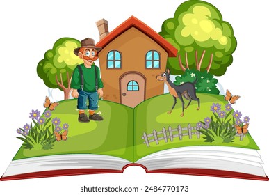 A farmer and deer in a storybook scene