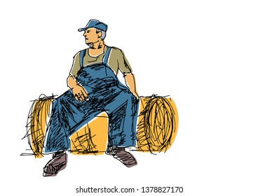 Farmer in denim overalls and cap is sitting on a haystack. Colorful sketch. Agribusiness illustration. Vector black contour, isolated colors.