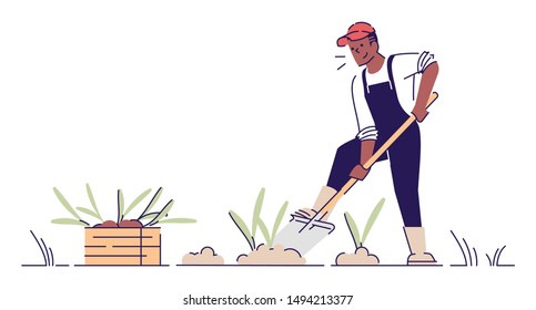 Farmer digging up crop flat vector character. African american man gardening cartoon illustration with outline. Harvest collecting concept. Gardener working with shovel isolated on white background