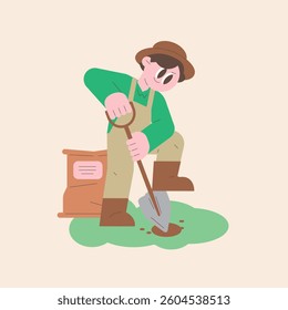 Farmer Digging in the Garden. Simple and cute illustrations