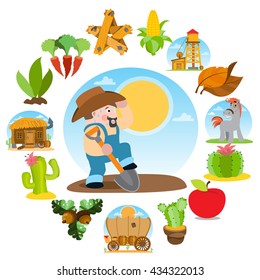 Farmer digging the ground. Agricultural business. Set of color illustrations on the theme of farming.