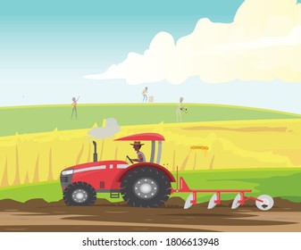 Campo de excavación de granjeros para cultivos con tractor, en un día soleado. Agricultura con tractor 