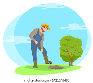 Farmer digging ground in garden vector cartoon icon. Man in straw hat and farming uniform working on farm with equipment, isolated on landscape badge