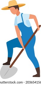 Farmer digging with shovel semi flat color vector character. Posing figure. Full body person on white. Gardening work isolated modern cartoon style illustration for graphic design and animation