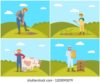 Farmer digging soil of field set vector. Woman watering plantation with hose, farming person holding milk package. Beekeeper with honeycomb and bees