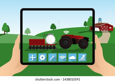 A farmer with digital tablet controls an autonomous tractor on a smart farm. Vector illustration EPS10