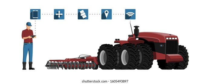 A farmer with digital tablet controls an autonomous tractor. Vector illustration