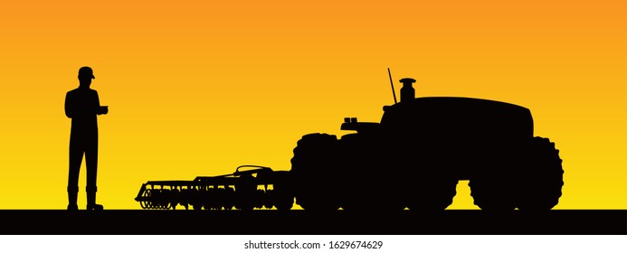 A farmer with digital tablet controls an autonomous tractor. Silhouettes. Vector illustration