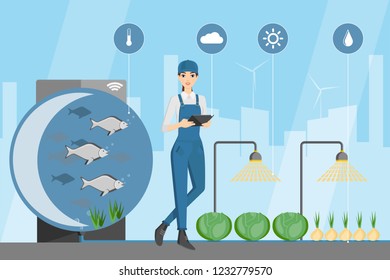 Farmer with digital tablet. Growing plants in the greenhouse with aquaponics system. Vector illustration.