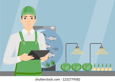 Farmer with digital tablet. Growing plants in the greenhouse with aquaponics system. Vector illustration.