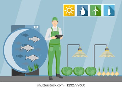 Farmer with digital tablet. Growing plants in the greenhouse with aquaponics system. Vector illustration.