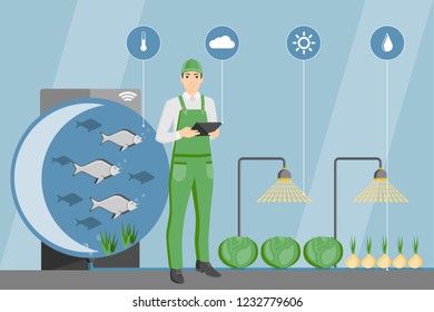Farmer with digital tablet. Growing plants in the greenhouse with aquaponics system. Vector illustration.