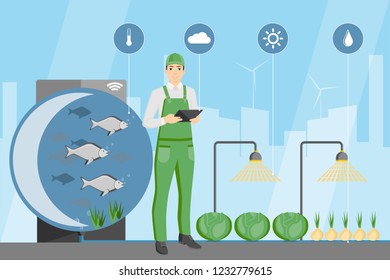 Farmer with digital tablet. Growing plants in the greenhouse with aquaponics system. Vector illustration.