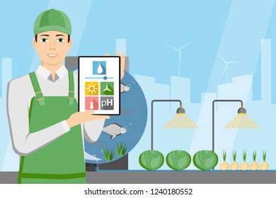Farmer with digital tablet. Growing plants in the greenhouse with aquaponics system. Vector illustration.