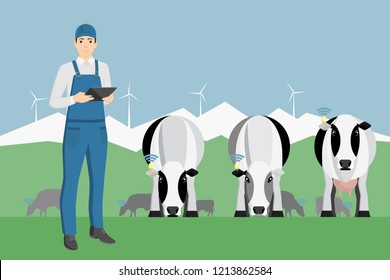 Farmer with digital tablet on a cattle grazing. Internet of things in cattle breeding. Vector illustration