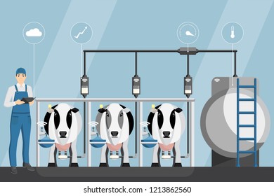 Farmer with digital tablet on a modern dairy farm. Smart farming, herd management and automatic milking. Vector illustration.