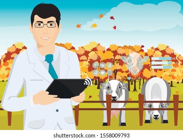 farmer with digital tablet on a pasture. Digital technology in animal husbandry. Vector illustration