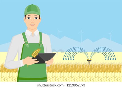 Farmer with digital tablet in a wheat field. Internet of things in agriculture. Smart farm with wireless control. Vector illustration.