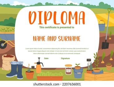 Farmer diploma in agriculture education with vector farm and gardening tools. Horizontal diploma, achievement certificate or award of farming course graduation with garden plants and flower pots