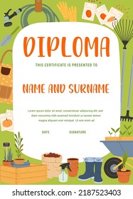 Farmer diploma with farm and gardening tools frame background. Vector certificate of achievement in agriculture and gardening education with farmer equipment and plants. Vertical diploma certificate