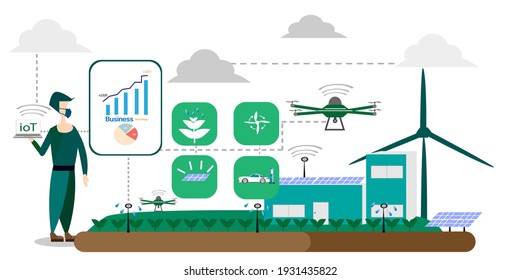 Farmer does business and manages industrial farms with mobile app on IOT computer and modern smart farming ideas, cost reduction and labor reduction.