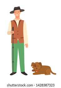 Farmer with dog isolated cartoon character in hat. Vector smiling man with stick and adorable brown puppy, agriculture and kinology concept, person and pet