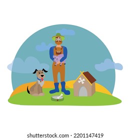 Farmer with a dog and a pig on a rural background. Vector illustration.