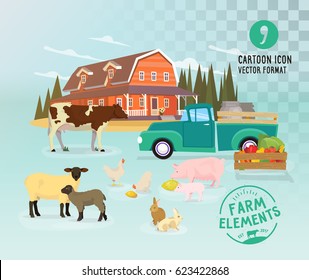 Farmer domestic animals set isolated on transparency background. Cartoon rural cattle collection. Vector animal character illustration of pig, cow, rabbit, sheep, chicken, lamb. Countryside, poultry.