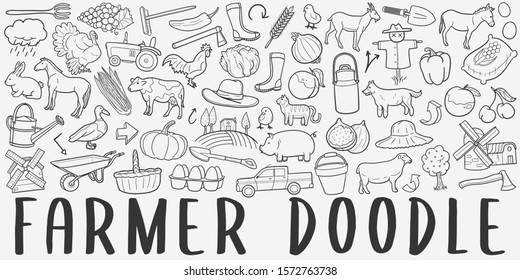 Farmer Doodle Line Art Illustration. Hand Drawn Vector Clip Art. Banner Set Logos.