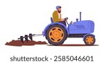 Farmer drives tractor. Agricultural tractor plows land, preparing for planting agricultural season flat vector illustration. Man plowing land with tractor