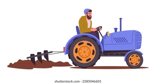 Farmer drives tractor. Agricultural tractor plows land, preparing for planting agricultural season flat vector illustration. Man plowing land with tractor
