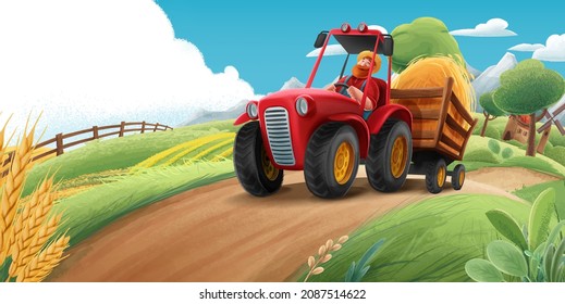 Landwirt fährt Traktor illustrierte Landschaft